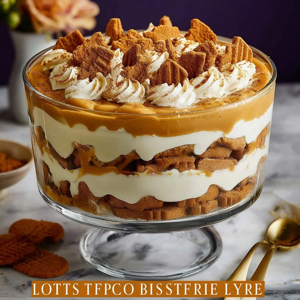 Delicious Lotus Biscoff trifle dessert layered with cream and biscuit