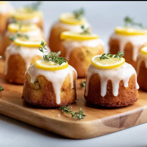 Freshly baked mini lemon drizzle cakes with glaze and lemon slices