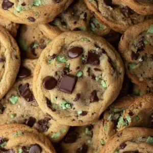 Freshly baked mint chocolate chip cookies on a cooling rack
