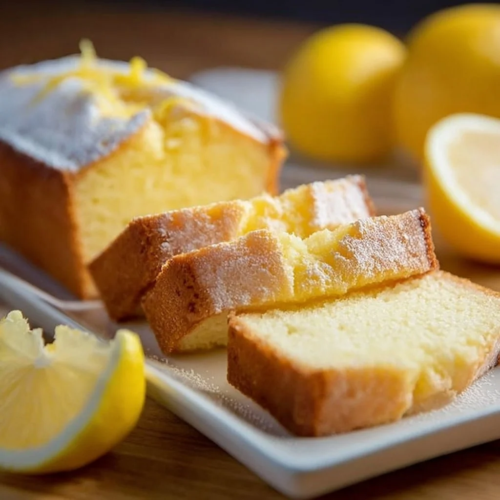 Moist lemon pound cake topped with a drizzle of icing and lemon zest