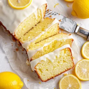 A slice of moist lemon pound cake on a plate with lemon slices and a fork.