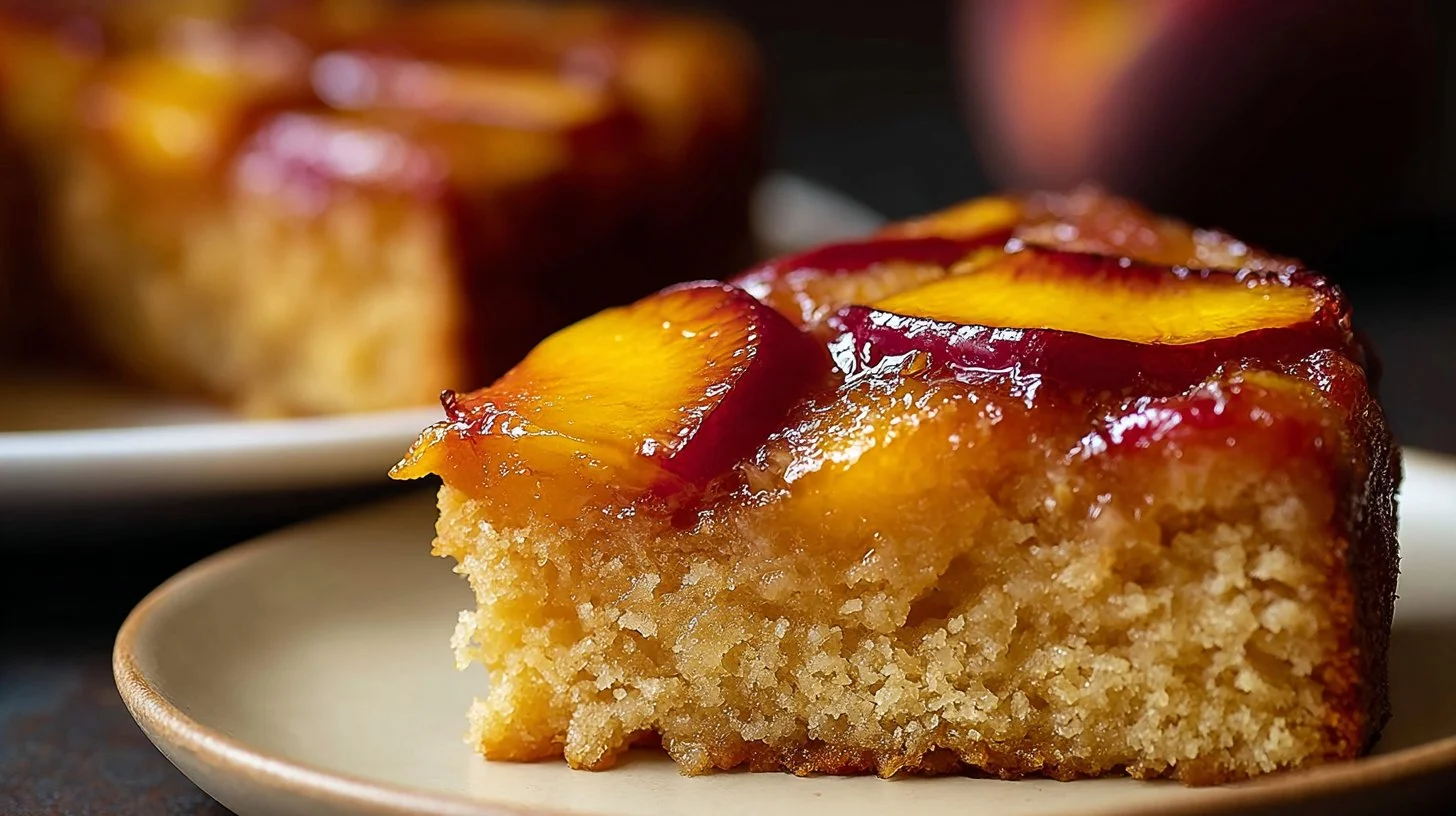 Delicious moist peach cake topped with slices of fresh peaches