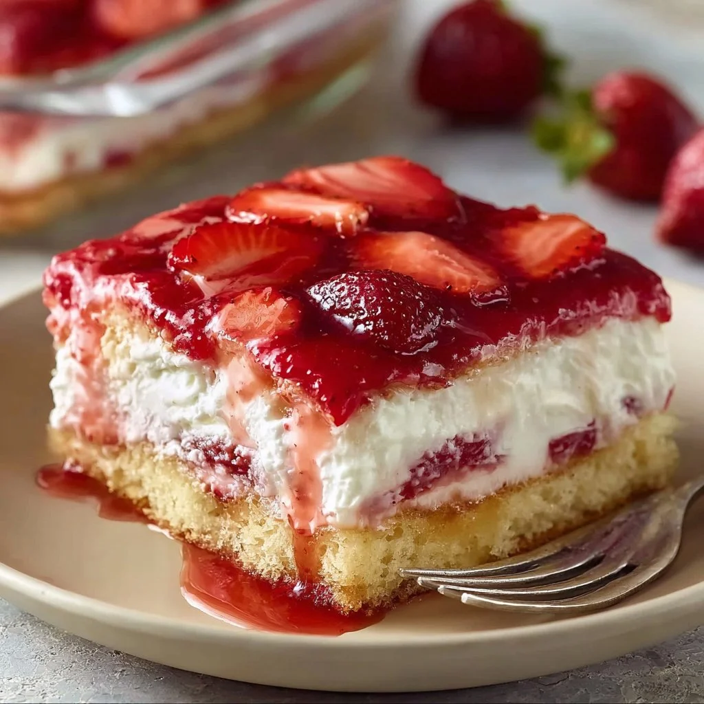 No-bake strawberry eclair cake topped with fresh strawberries and whipped cream