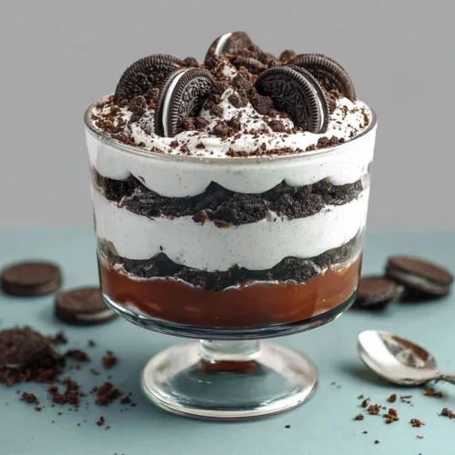 Delicious Oreo trifle layered with cookies and cream filling.
