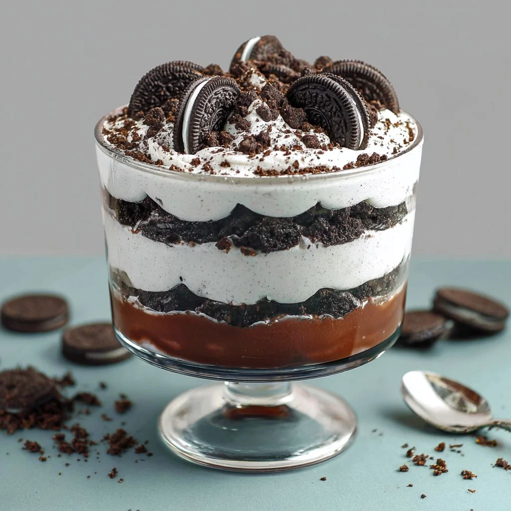 Delicious Oreo trifle layered with cookies and cream filling.
