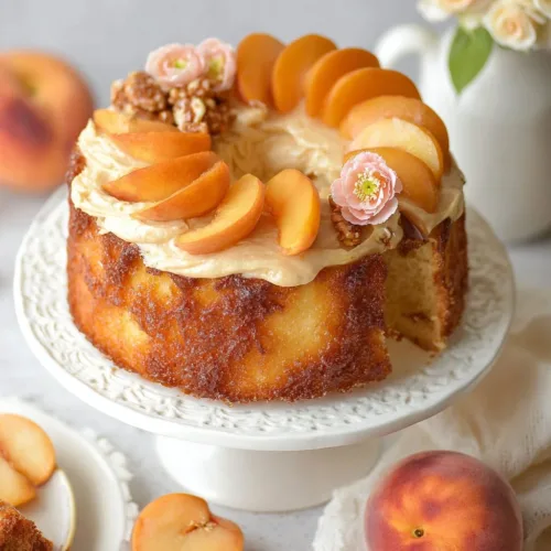 Delicious peach cake topped with creamy brown sugar frosting on a white plate