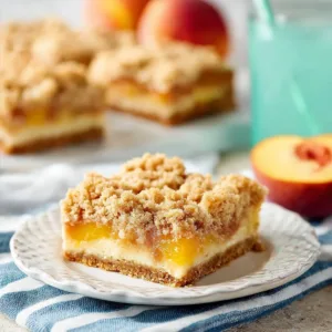 Delicious Peach Cheesecake Bars with creamy filling and fresh peach topping