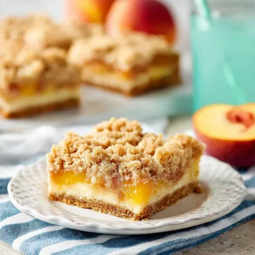 Delicious Peach Cheesecake Bars with creamy filling and fresh peach topping