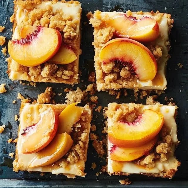 Delicious Peach Cobbler Cheesecake Bars with fresh peaches and crumbly topping