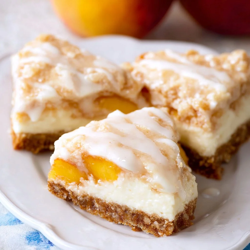 Delicious Peach Cobbler Cheesecake Bars served on a plate