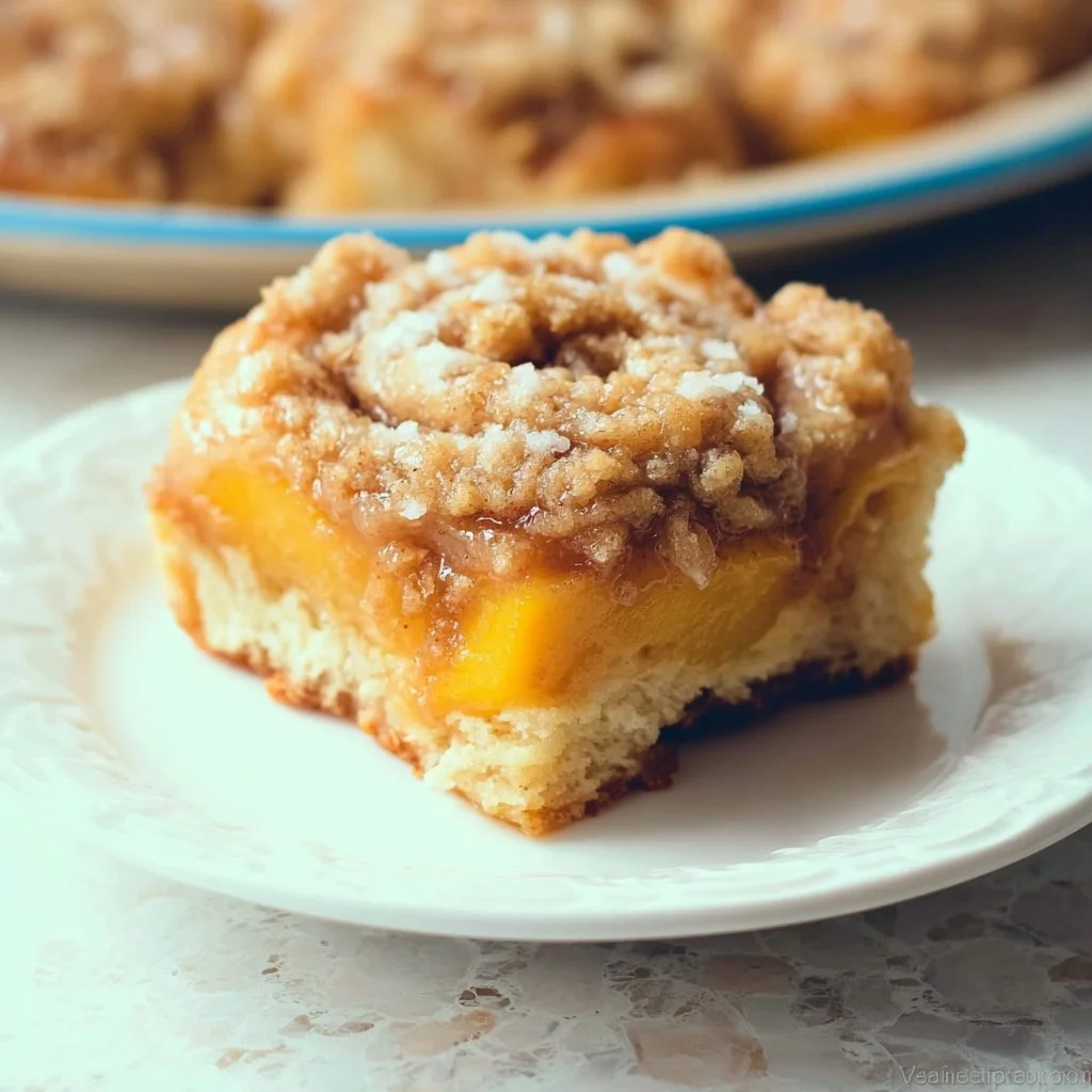 Delicious Peach Cobbler Cinnamon Rolls topped with a sweet glaze and peach slices