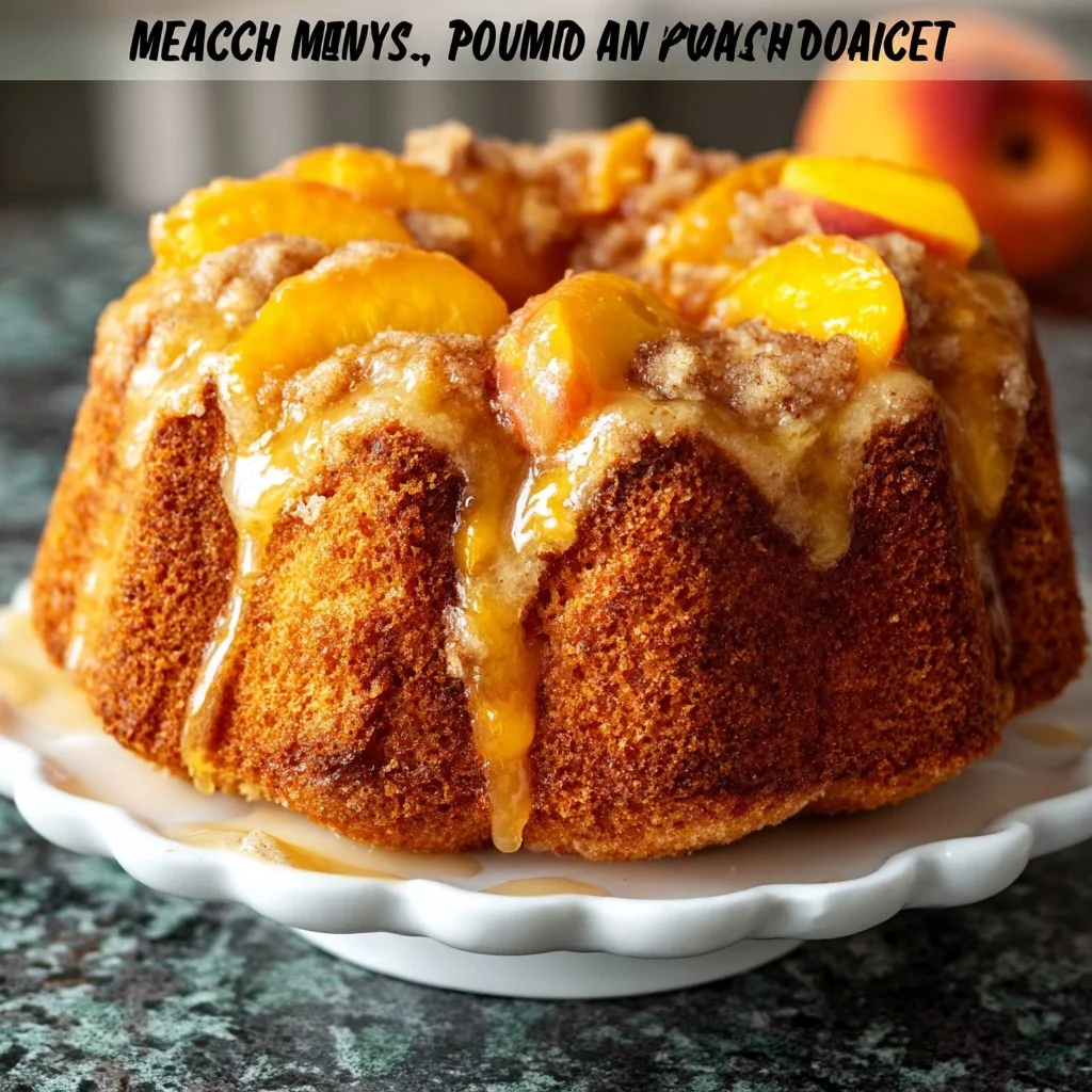 Slice of moist Peach Cobbler Pound Cake with fresh peaches and a golden crust