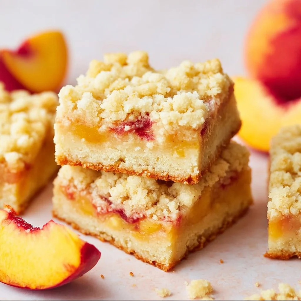 Delicious homemade Peach Crumble Bars fresh from the oven