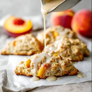 Slice of Peaches and Cream Cake topped with fresh peaches and whipped cream