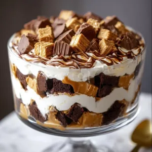 Peanut Butter Cup Brownie Trifle layered with rich brownies and creamy peanut butter