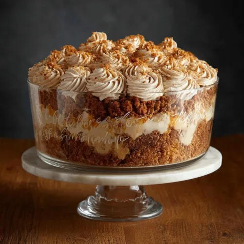 Pumpkin trifle with toffee crunch layers served in a glass dish.