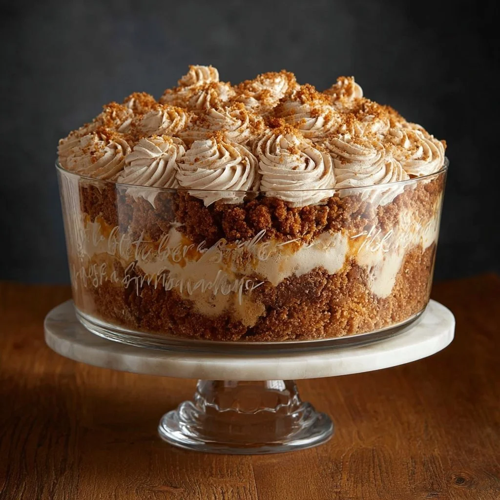 Pumpkin trifle with toffee crunch layers served in a glass dish.