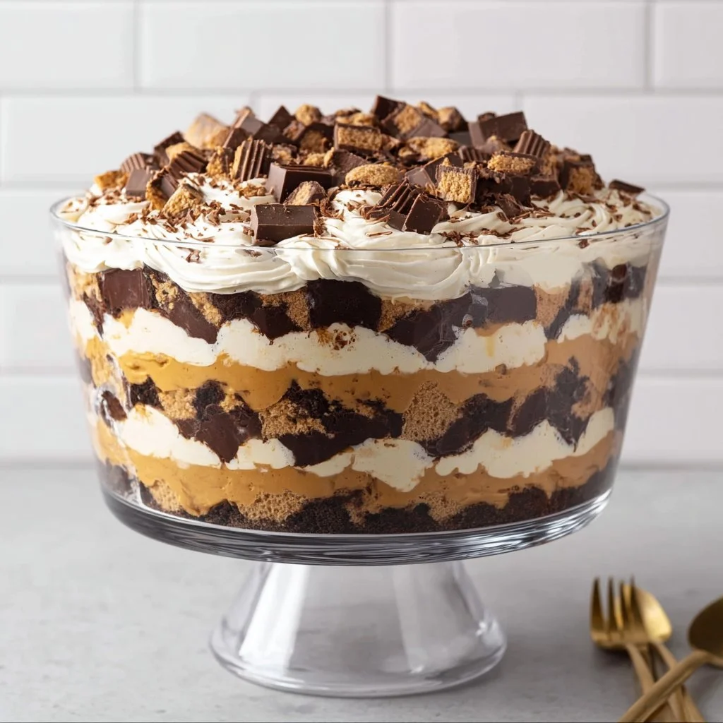 Delicious Reese's Peanut Butter Trifle with chocolate layers and whipped cream