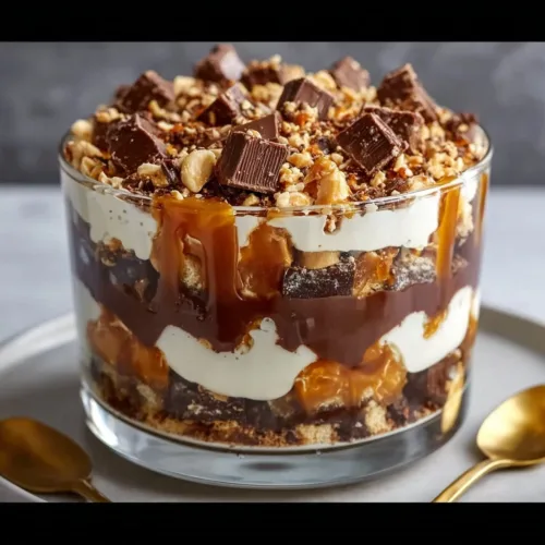 Delicious Snickers trifle with caramel layers in a glass dessert dish