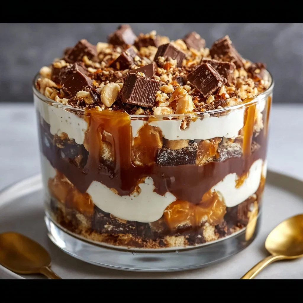 Delicious Snickers trifle with caramel layers in a glass dessert dish
