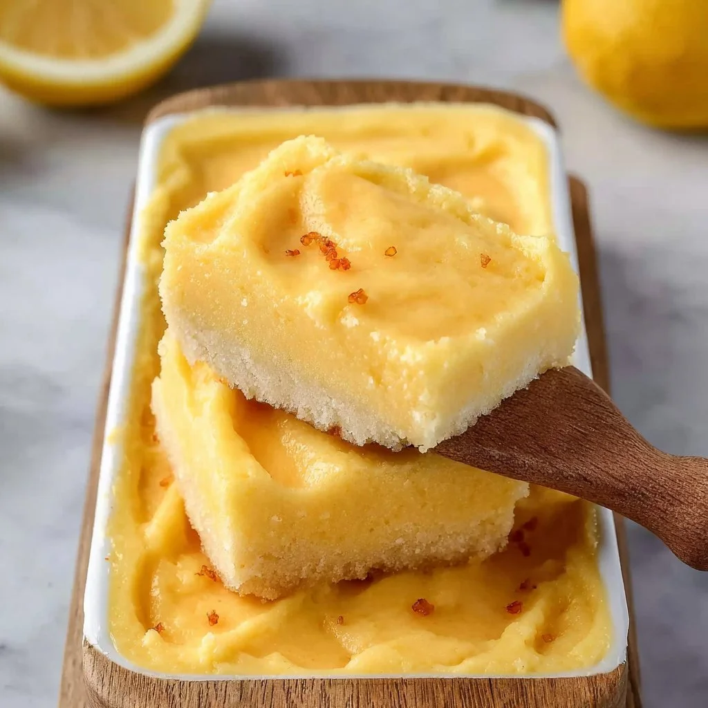 Delicious soft lemon dessert bars served on a white plate with lemon slices.