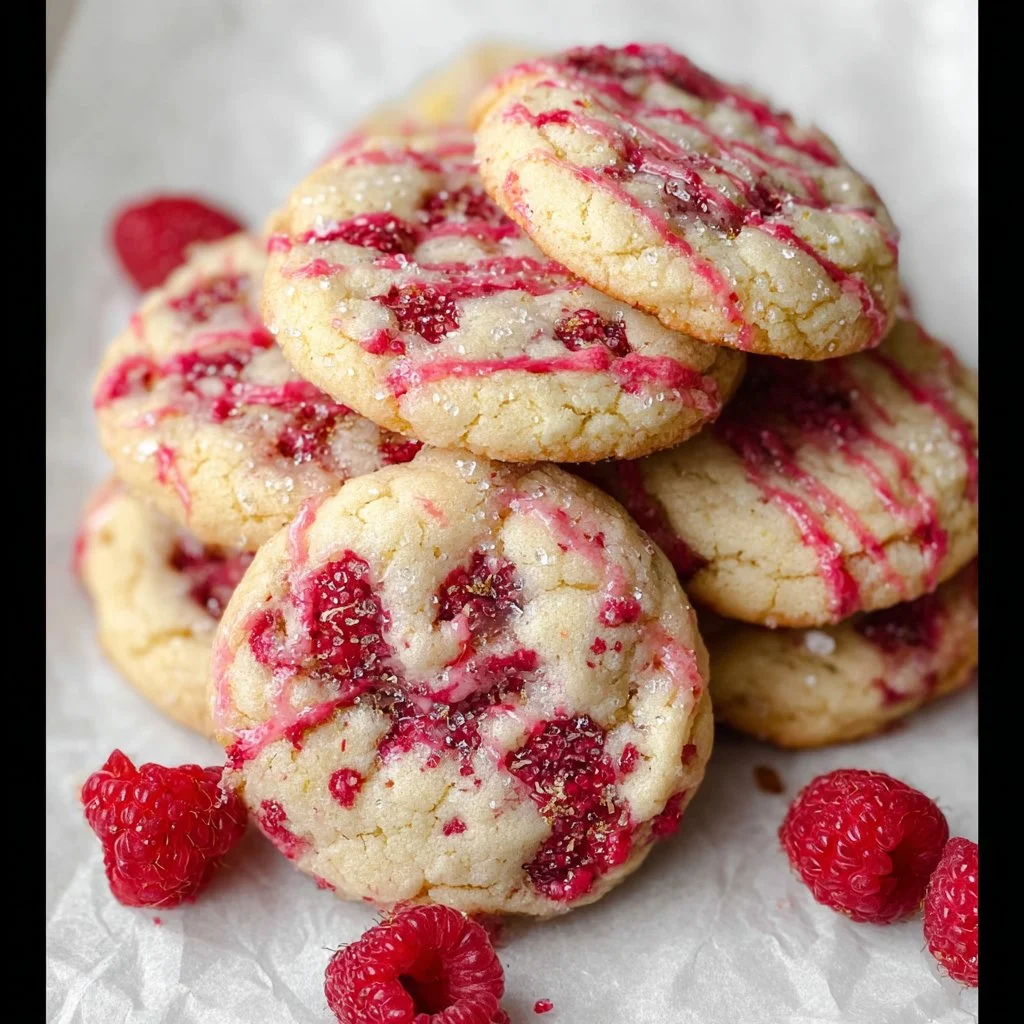 Freshly baked soft lemon raspberry cookies on a cooling rack.