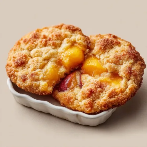 Delicious soft peach cobbler cookies on a plate with fresh peaches