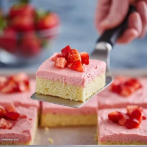Soft strawberry cookie bars with a vibrant red strawberry topping