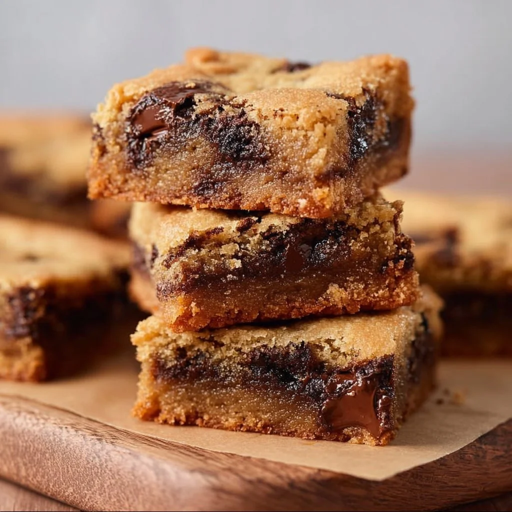 Freshly baked sourdough blondies served on a wooden plate