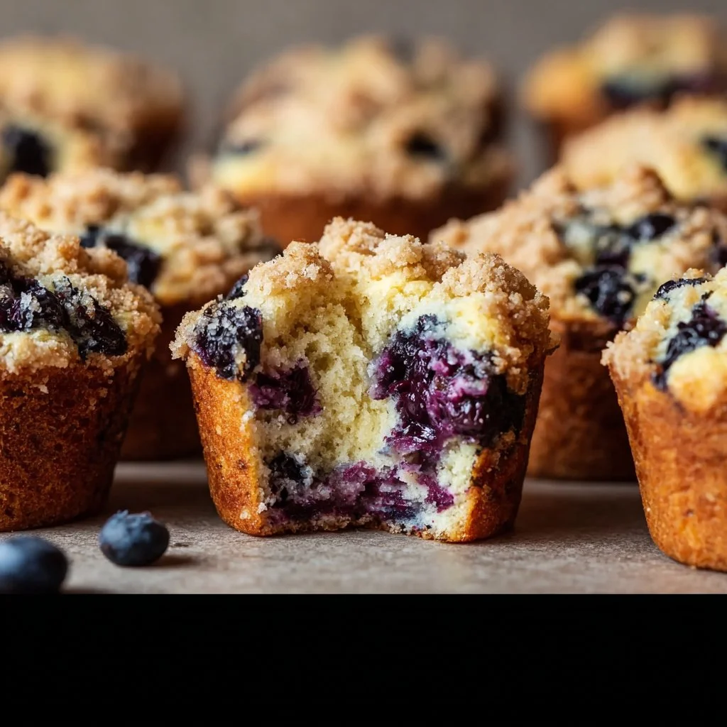 Freshly baked sourdough blueberry muffins with blueberries on top