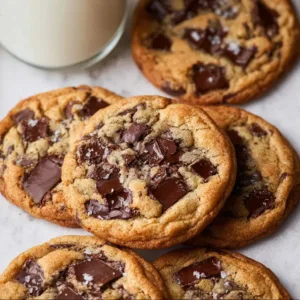 easy Sourdough Chocolate Chip Cookies 3 Freshly baked sourdough chocolate chip cookies on a cooling rack