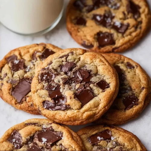 Freshly baked sourdough chocolate chip cookies on a cooling rack