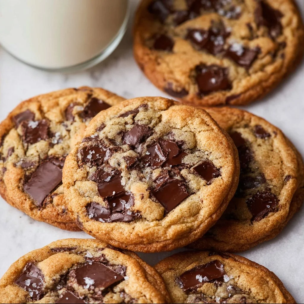 Freshly baked sourdough chocolate chip cookies on a cooling rack