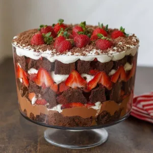 Strawberry brownie trifle with layers of brownies, strawberries, and cream