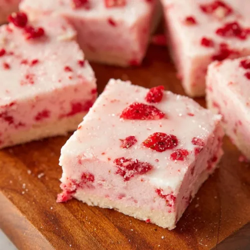 Delicious strawberry brownies with vanilla glaze on a white plate