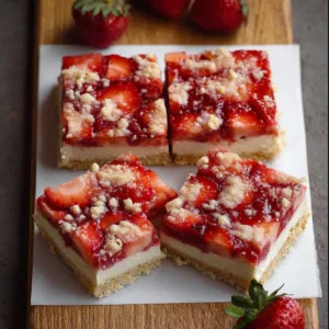 Delicious strawberry cheesecake bars with creamy layers on a white plate