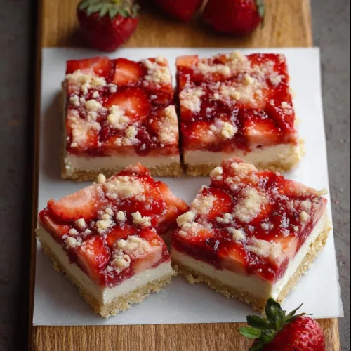 Delicious strawberry cheesecake bars with creamy layers on a white plate