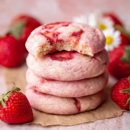 Delicious strawberry cheesecake cookies on a plate with fresh strawberries