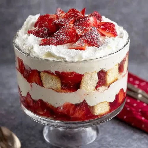 Delicious strawberry cheesecake trifle with layers of cheesecake, strawberries, and graham crackers.