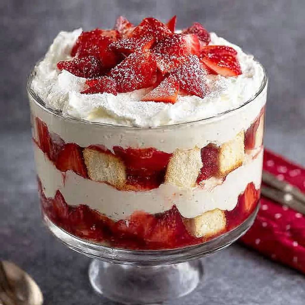 Delicious strawberry cheesecake trifle with layers of cheesecake, strawberries, and graham crackers.