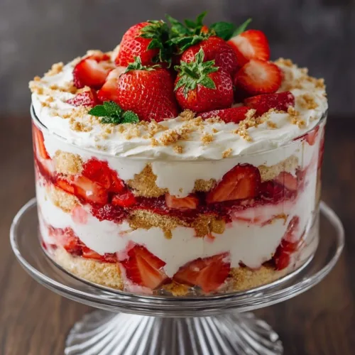 Delicious strawberry cheesecake trifle with layers of cream and strawberries