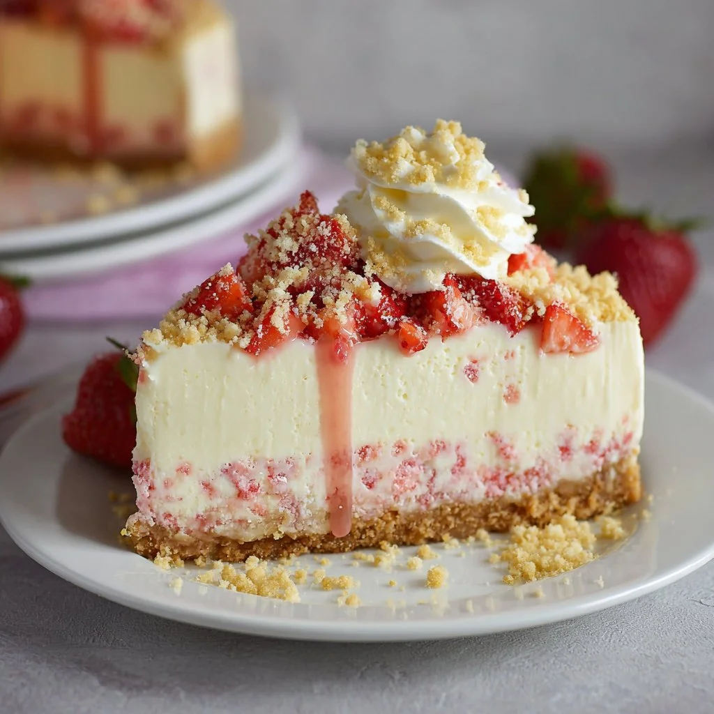 Delicious strawberry crunch cheesecake with a creamy filling and crunchy topping