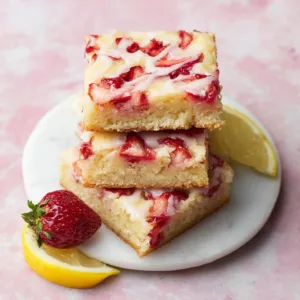 Plate of freshly baked strawberry lemon blondies with strawberries