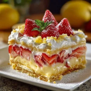Strawberry Lemonade Lasagna dessert with vibrant layers and fresh strawberries
