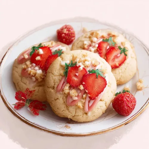 Freshly baked strawberry shortcake cookies with strawberries and cream.