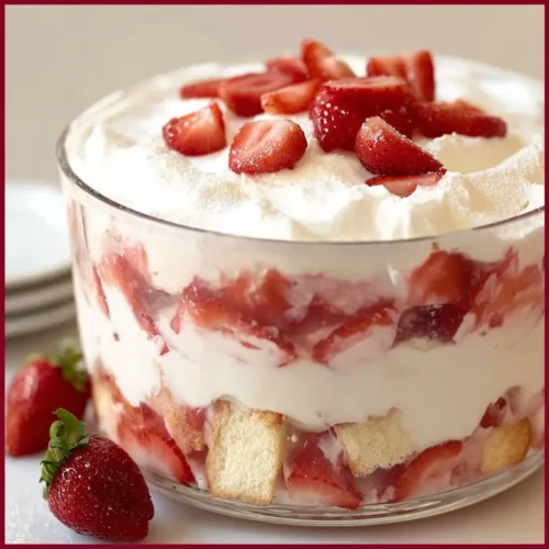 Strawberry trifle with angel food cake layered with cream and fresh strawberries