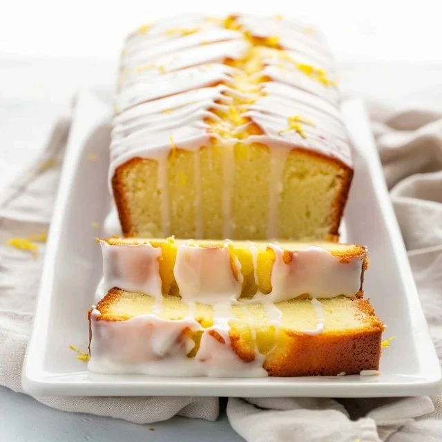 Slice of moist lemon pound cake with lemon zest on top.
