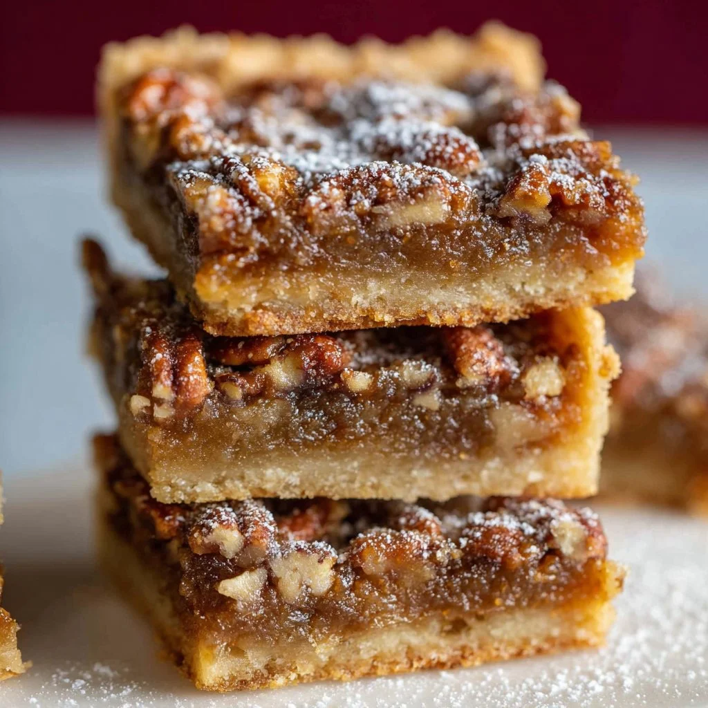 Delicious pecan butter tart squares ready to serve on a dessert platter