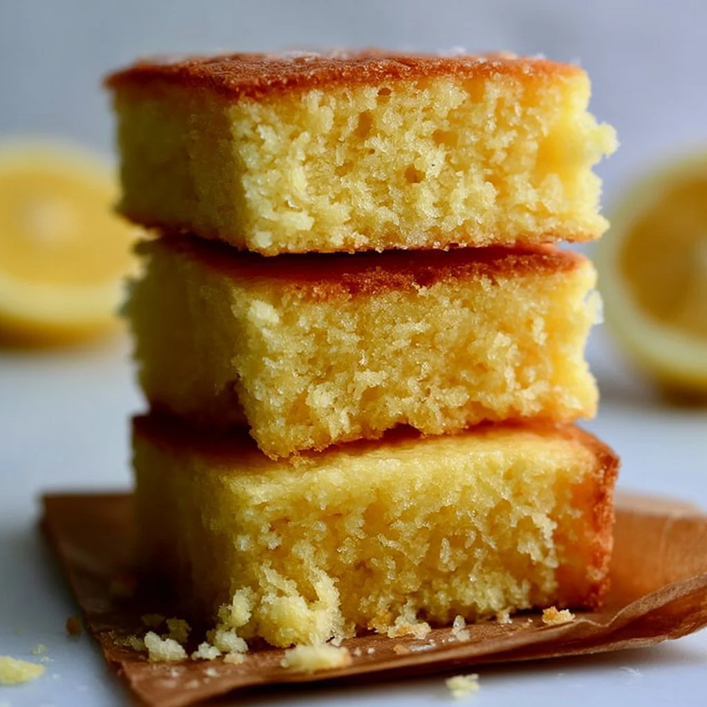 Delicious lemon brownies with a tangy frosting on a white plate