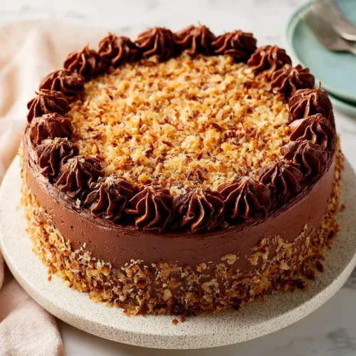 Delicious slice of German Chocolate Cake with coconut pecan frosting